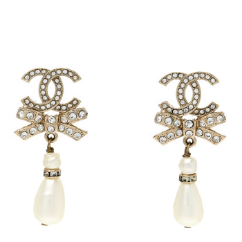 CHANEL Crystal CC Bow Pearl Drop Earrings Gold Pearly White