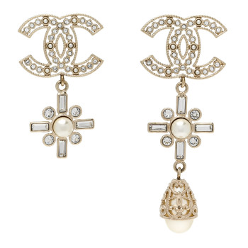 CHANEL Metal Pearl Crystal CC Twist Teardrop Drop Earrings Gold