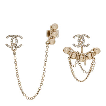 CHANEL Metal Crystal CC Chain Cuff Earrings Gold