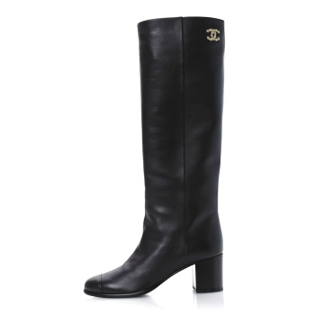 CHANEL Calfskin CC High Boots 37.5 Dark Brown