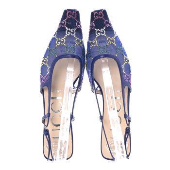 GUCCI Tela Retino Nappa Charlotte Crystal GG Monogram Square G 35mm Slingback Pumps 38.5 Splash Net Blue Witch
