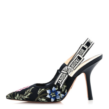 CHRISTIAN DIOR Ribbon Petites Fleurs Embroidered J'Adior Slingback 100mm Pumps 38.5 Black
