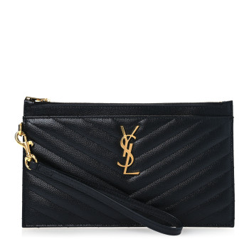 SAINT LAURENT Grain De Poudre Chevron Monogram Large Bill Pouch Black