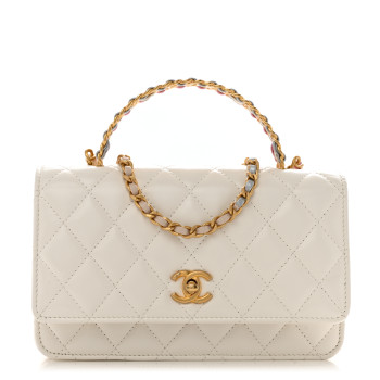 CHANEL Shiny Calfskin Quilted Multicolor Top Handle Wallet On Chain WOC White