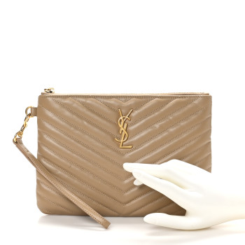 SAINT LAURENT Calfskin Matelasse Chevron Monogram A5 Wristlet Dark Latte