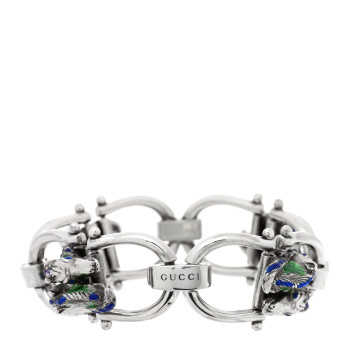 GUCCI Sterling Silver Enamel Horse Head Link Chain Bracelet Blue Green