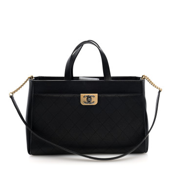 CHANEL Calfskin Stitched Large Straight Lines Shopping Tote Black