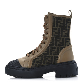 FENDI Fabric Jacquard Vitello FF Domino 50mm Biker Boots 41 Tobacco Black Sand