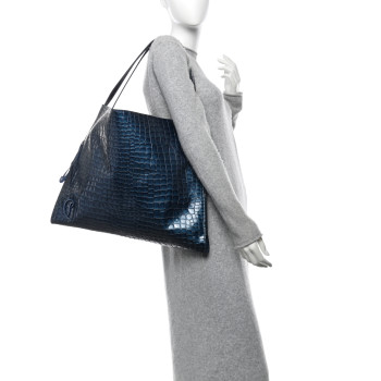 CHRISTIAN LOUBOUTIN Patent Calfskin Crocodile Embossed Le 54 Tote Blue