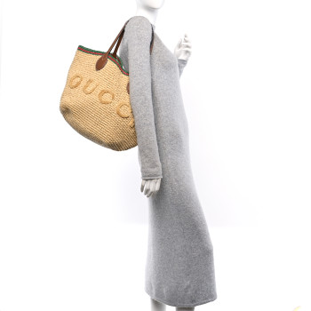 GUCCI Raffia Woven Web Logo Medium Tote Bag Natural Brown