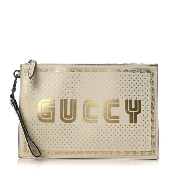 GUCCI X SEGA Calfskin GUCCY Stars Zip Wristlet Pouch Mystic White Gold