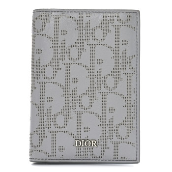 CHRISTIAN DIOR Calfskin Perforated Oblique Bi-Fold Card Holder Grey