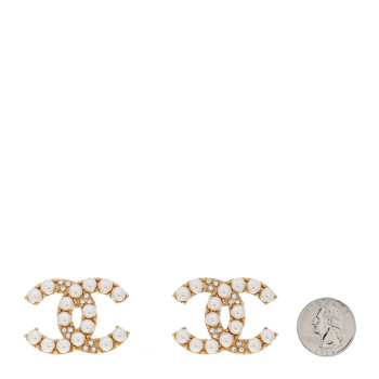 CHANEL Crystal Pearl CC Clip On Earrings Gold