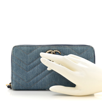 GUCCI Denim Matelasse Pearly GG Marmont Zip Around Wallet Blue