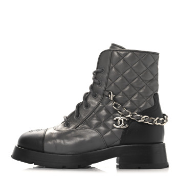 CHANEL Calfskin Quilted Chain Lace Up Combat Boots 36.5 Grey Black