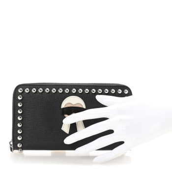 FENDI Vitello Elite Mink Fur Studded Karlito Zip Around Wallet Black
