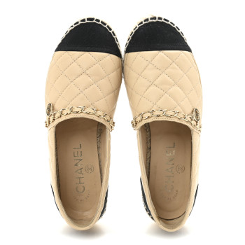 CHANEL Lambskin Grosgrain Quilted CC Chain Espadrilles 35 Beige Black