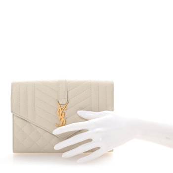 SAINT LAURENT Grain De Poudre Textured Mixed Matelasse Triquilt Monogram Clutch Blanc Vintage