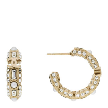 CHANEL Metal Crystal Pearl CC Hoop Earrings Gold
