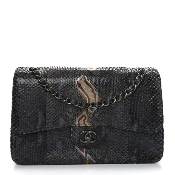 CHANEL Metallic Snakeskin Jumbo Double Flap Blue