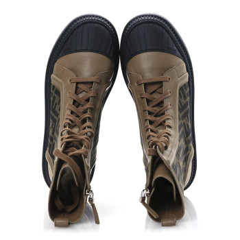 FENDI Fabric Jacquard Vitello FF Domino 50mm Biker Boots 41 Tobacco Black Sand