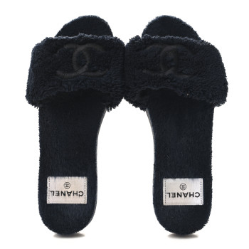 CHANEL Terry CC Flat Mules Sandals 37 Navy