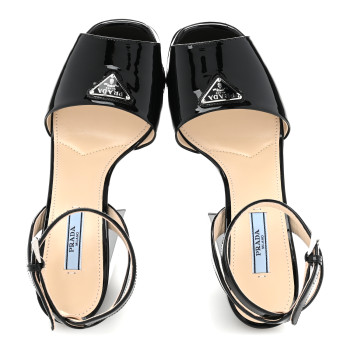 PRADA Vernice Metal Triangle Logo Ankle Strap 40/135mm Platform Sandals 38 Black