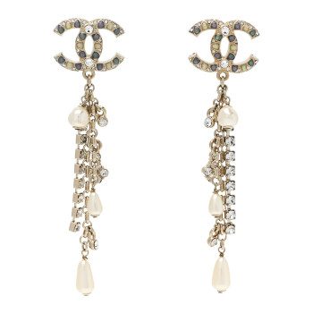 CHANEL Crystal Pearl CC Chain Drop Earrings Multicolor