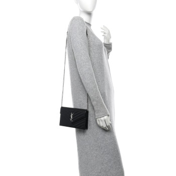 SAINT LAURENT Grain De Poudre Matelasse Chevron Monogram Envelope Chain Wallet Black