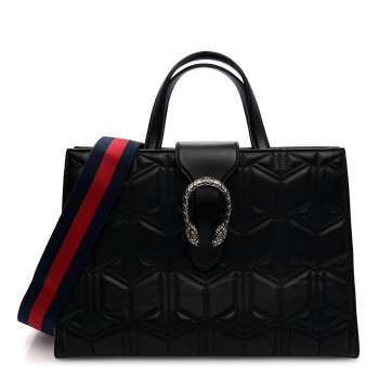 GUCCI Calfskin Web Quilted Large Dionysus Tote Bag Black