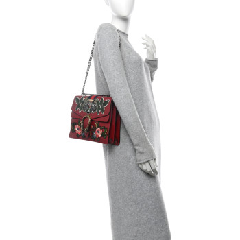 GUCCI Calfskin Web Raccoon Embroidered Medium Dionysus Shoulder Bag Red
