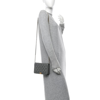 CHANEL Lambskin Quilted Boy Wallet On Chain WOC Grey