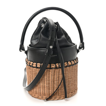 SAINT LAURENT Calfskin Wicker Small Bahia Bucket Bag Black
