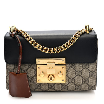 GUCCI GG Supreme Monogram Calfskin Small Padlock Shoulder Bag Beige Black Cuir