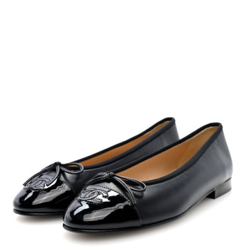 CHANEL Lambskin Patent Cap Toe Ballerina Flats 37 Black
