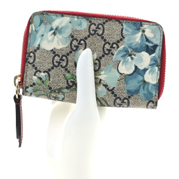 GUCCI GG Supreme Monogram Blooms Zip Around Card Case Wallet Beige Blue Navy Hibiscus Red