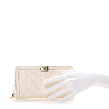 CHANEL Caviar Quilted Boy Long Zip Around Wallet White
