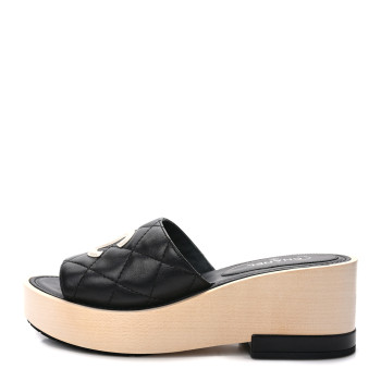 CHANEL Lambskin CC Mule Sandals 37 Black Beige