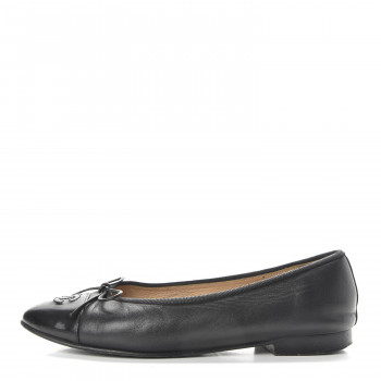 CHANEL Lambskin Patent Cap Toe Ballerina Flats 37.5 Black