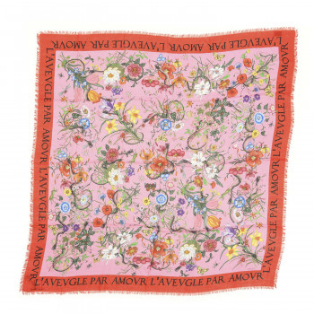 GUCCI Wool Silk Flora Snake Print Shawl Scarf Roseate Red