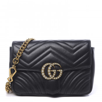 GUCCI Calfskin Matelasse Pearly GG Marmont Chain Belt Bag Black