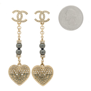 CHANEL Resin Crystal Pearl CC Heart Chain Earrings Black Gold