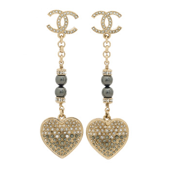 CHANEL Resin Crystal Pearl CC Heart Chain Earrings Black Gold