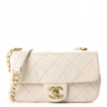 CHANEL Calfskin Quilted Crystal Pearls Small Flap Bag White