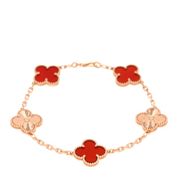 VAN CLEEF & ARPELS 18K Rose Gold Carnelian 5 Motifs Guilloche Vintage Alhambra Bracelet
