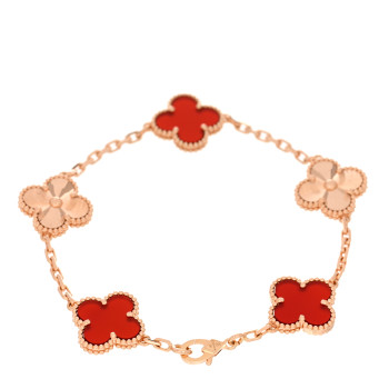 VAN CLEEF & ARPELS 18K Rose Gold Carnelian 5 Motifs Guilloche Vintage Alhambra Bracelet