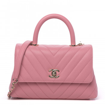 CHANEL Caviar Chevron Quilted Mini Coco Handle Flap Pink
