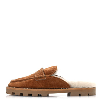JIMMY CHOO Suede Shearling Ronnie Flat Mules 38 Tan Natural