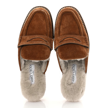 JIMMY CHOO Suede Shearling Ronnie Flat Mules 38 Tan Natural