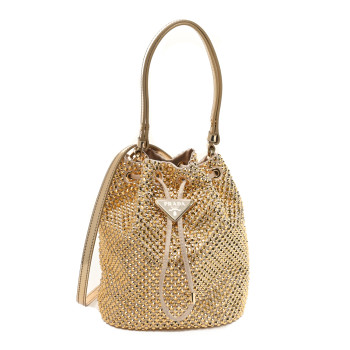 PRADA Satin Crystal Metal Triangle Logo Mini Drawcord Pouch Shoulder Bag Platino